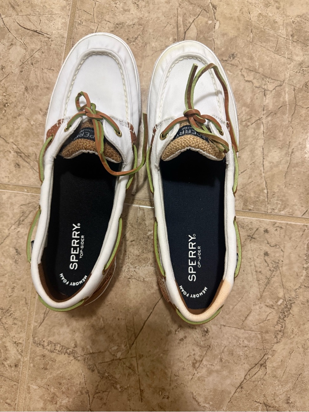 Sperry White Leather Boat Shoes with Brown & Green Accents